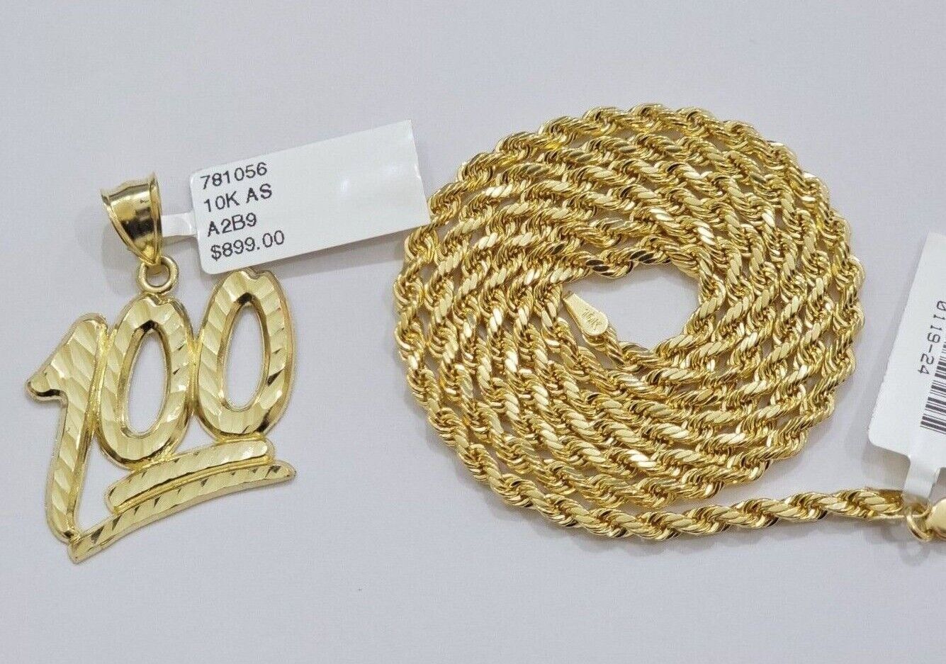 10k Yellow Gold Rope Chain 100 Charm Pendant Set 18" - 28 Inch 3mm Necklace REAL - GoldenlinQ